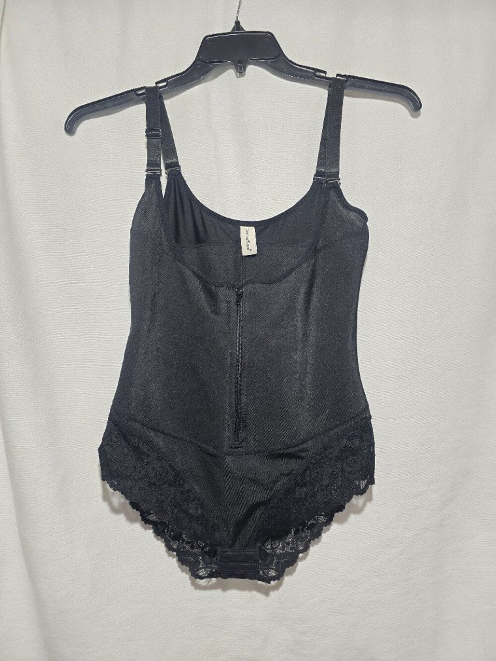 Camellias Black Shapewear Bodysuit L Open Bust Zip Front Lace Thong Briefs GUC